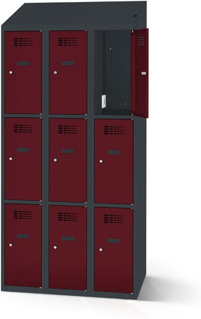 rotstahl Fächerschrank mit Ladefunktion und 9 Fächern in Bordeaux mit anthrazitgrauem Korpus, B: 90 cm, H: 200 cm - Bild 1