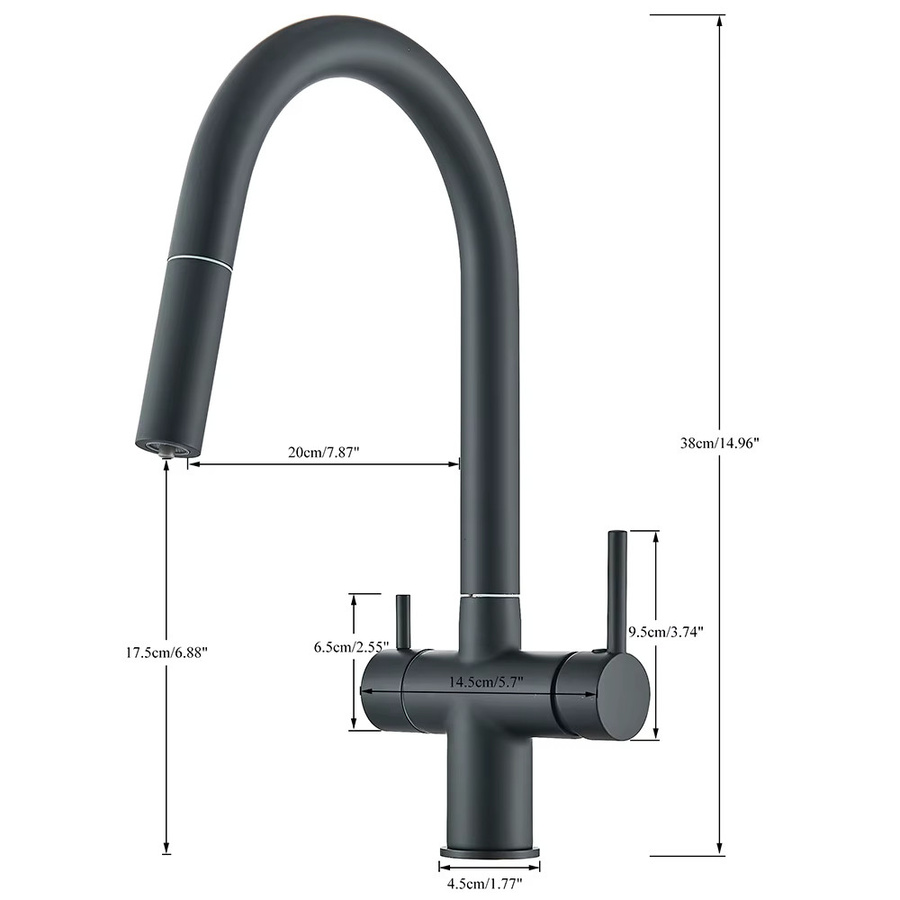 Quyanre Küchenarmatur aus Messing mit ausziehbarer Brause und Wasserfilter, Farbe: Silber/Schwarz, gebürstetes Nickel - Bild 2
