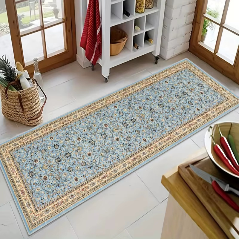 VIKAMA Vintage Blumen-Flurläufer Blau & Gold mit orientalischem Muster, rutschfester Teppich für Flur und Küche, Breite: 120 cm - Bild 2