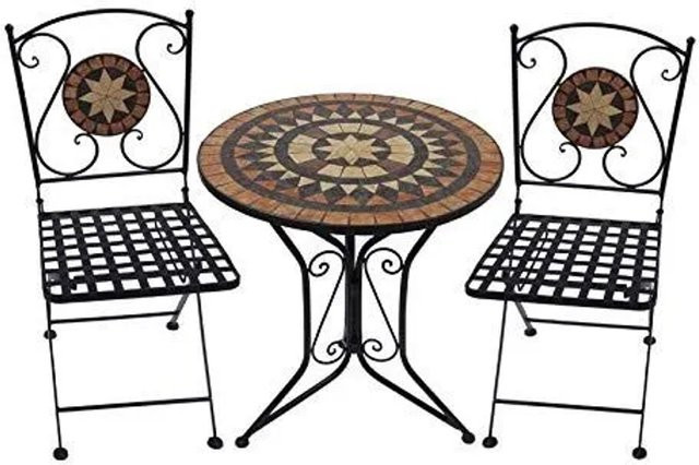 DELUKE Bistro-Set SARAH 3-tlg. Schwarz aus Stahl mit Keramik-Tischplatte in Mosaik-Optik für Garten, Balkon und Terrasse - Bild 1