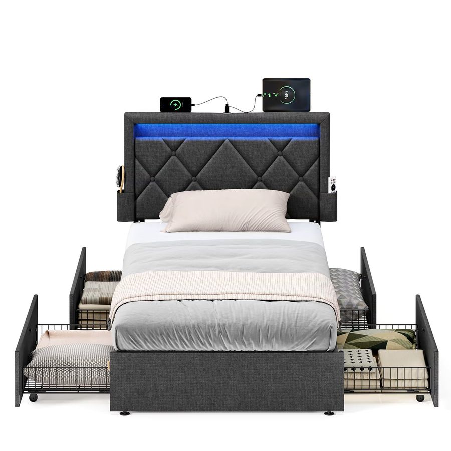 VASAGLE Polsterbett Dunkelgrau mit 4 Schubladen, LED und Ladestation, B/T: 90 x 200 cm - Bild 2