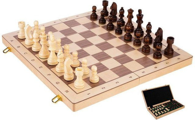ENGELHART Schachspiel, faltbar, Nussbaum und Ahorn, beschwerte Figuren braun - Bild 1