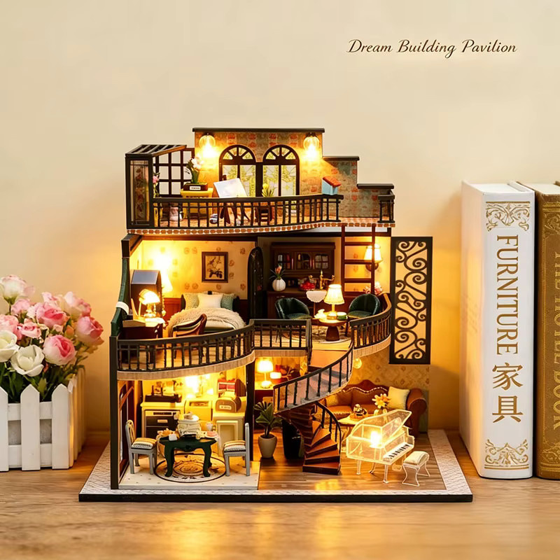 Zuuton Miniatur Puppenhaus Kit Retro Villa, 3D Puzzle Modell, Holz, mit LED-Lichtern - Bild 2