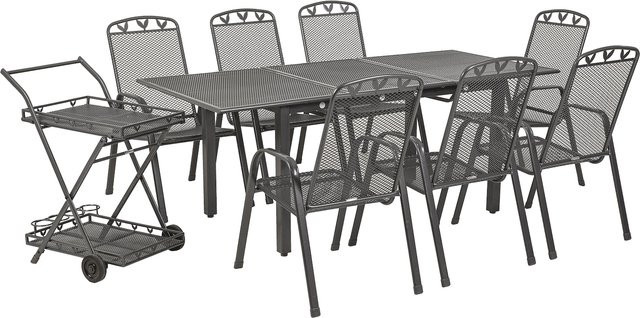 Greemotion Gartentischgruppe Toulouse, 9-teilig, ausziehbar und stapelbar, Eisenstahl mit Kunststoffummantelung, Streckmetall-Design, grau - Bild 1