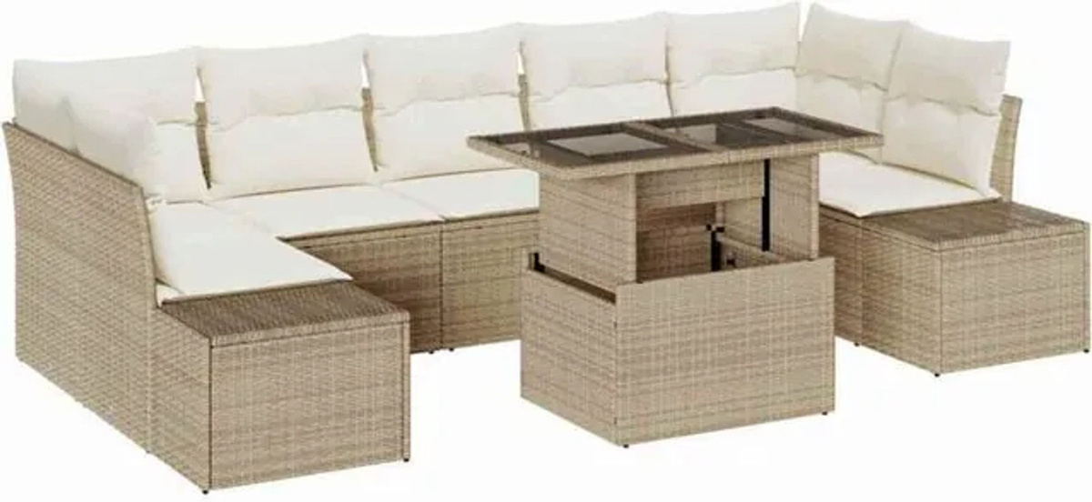 vidaXL Garten-Sofa-Set aus Polyrattan mit 8 Kissen in Beige, B/T/H: 100 x 55 x 73 cm - Bild 1