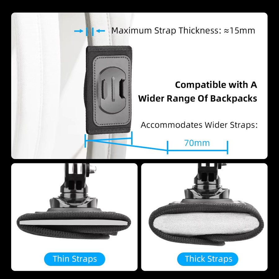Flymile Rucksack-Schultergurt-Halterung mit Taschenclip in Schwarz für DJI Action 6, Pocket 3, OSMO 360 Nano, Insta360 X5 und GoPro Kamera-Zubehör - Bild 6
