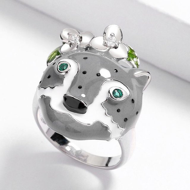 YIRAN Ring Leopardenkopf, Emaille, Zirkonia, Weiß, Messing, Unisex - Bild 1