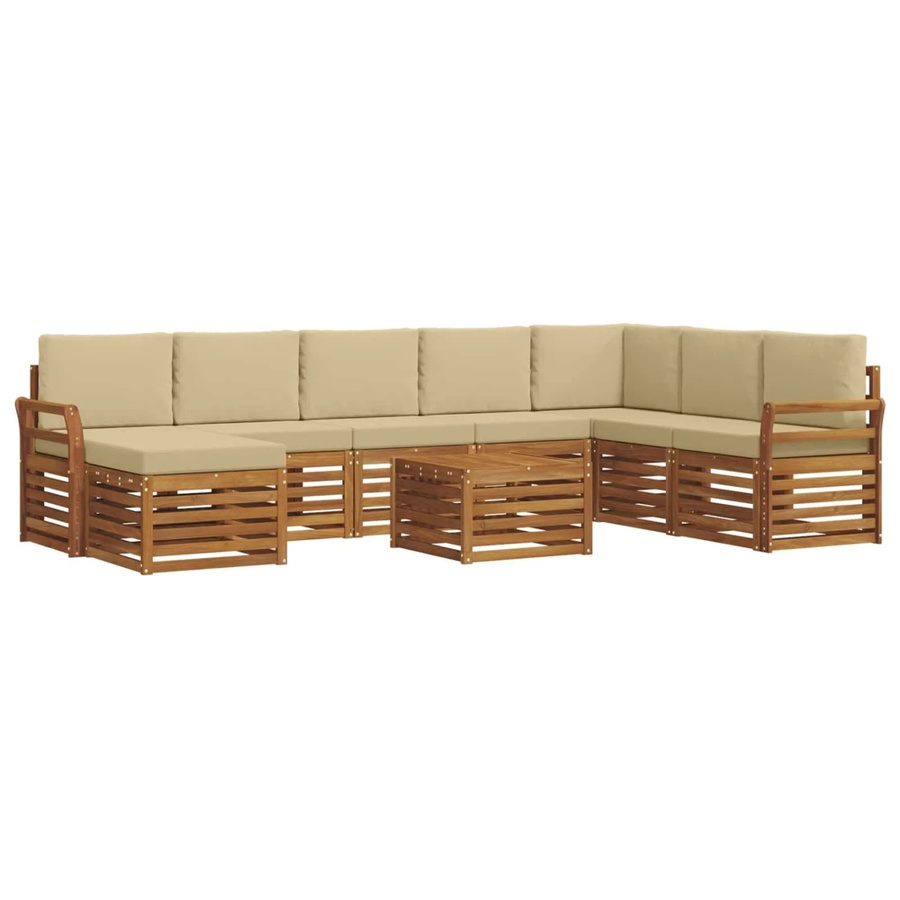 vidaXL Sofagarnitur aus Massivholz Akazie in Natur und Beige, 9-teiliges Set mit Polsterung und Kissen im modernen Latten-Design - Bild 2