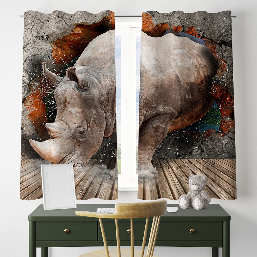Yiran Furniture 2er-Set 3D Tier-Vorhänge mit Nashorn und Elefant, halbtransparent, Polyester, Mehrfarbig, B: 50 cm, H: 130 cm - Bild 1