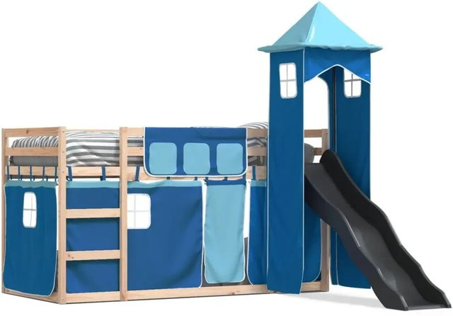 vidaXL Etagenbett für Kinder aus Massivholz mit Rutsche und Vorhängen, Blau/Anthrazit, B/T/H: 80 x 200 x 205,5 cm - Bild 1