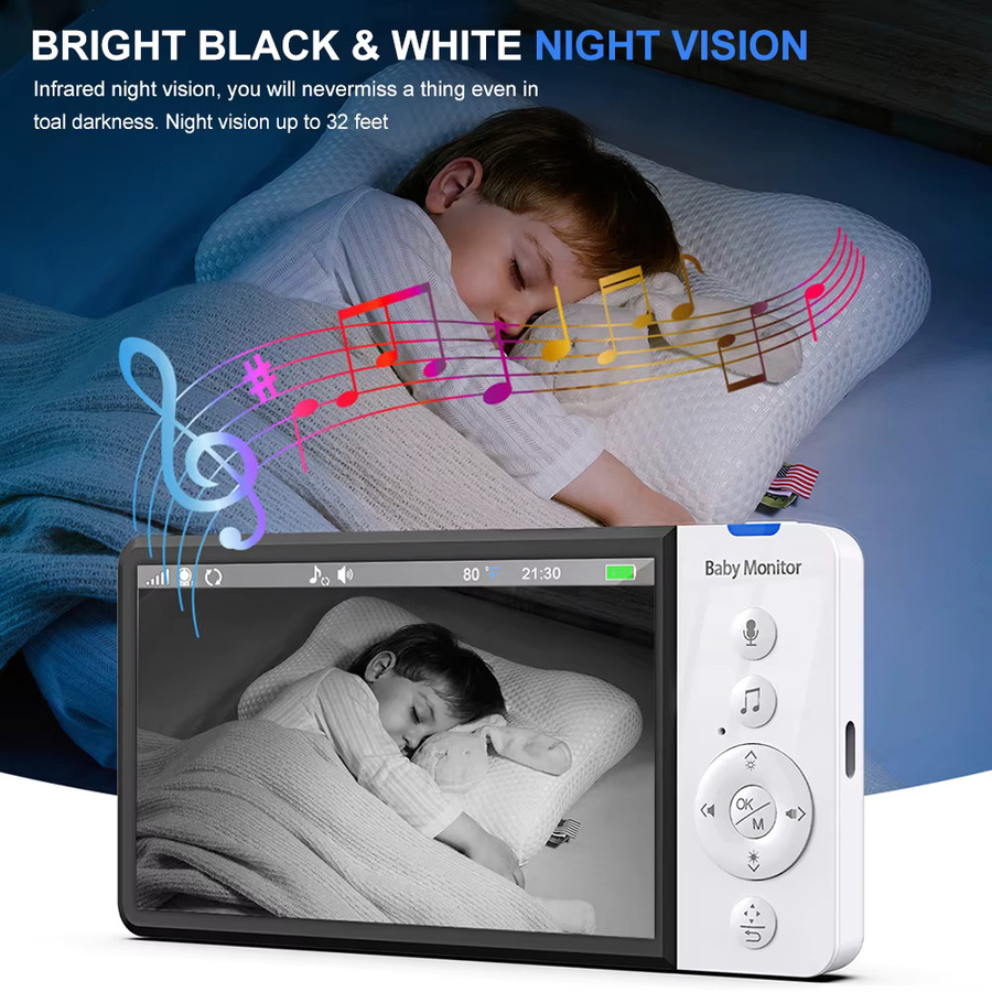 Eye4U 5-Zoll Video-Babyphone mit Kamera, PTZ-Zoom, IR-Nachtsicht, Temperatursensor und Schlaflied in Weiß - Bild 3