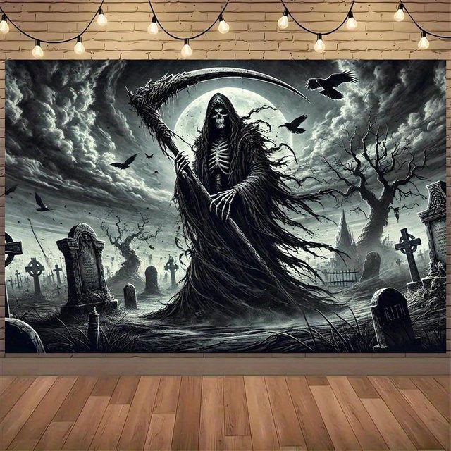 JMG Household Supplies Wandbehang Sensenmann Gruselige Friedhofsszene Halloween Dekoration Mehrfarbig B: 60 cm, H: 40 cm - Bild 1