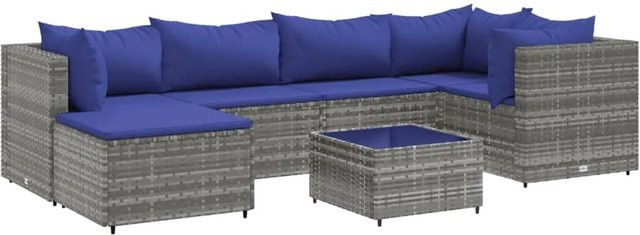 vidaXL 7-tlg Garten-Lounge-Set in L-Form aus grauem Poly Rattan mit Kissen und Couchtisch - Bild 1