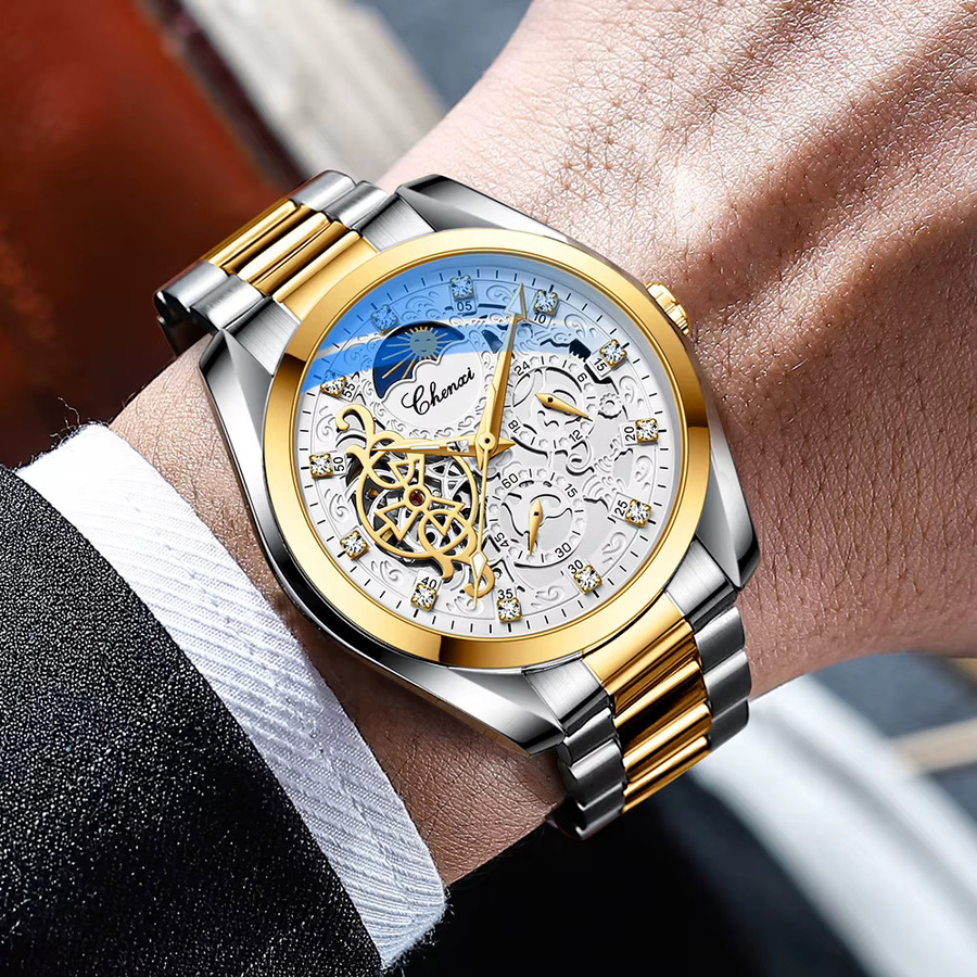 CHENXI Armbanduhr, Automatik, Mondphase, Edelstahl, Schwarz, Herren - Bild 3