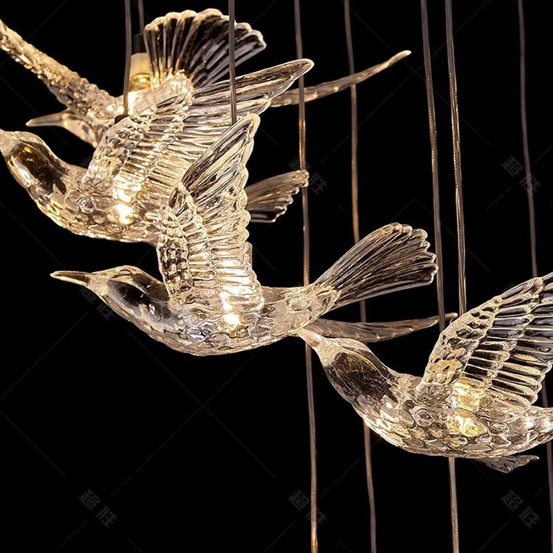 JIANKEXING LED Glas Vogel Kronleuchter in Transparent und Chrom als luxuriöse Pendelleuchte für Treppenhäuser, Hotels oder Villen - Bild 2