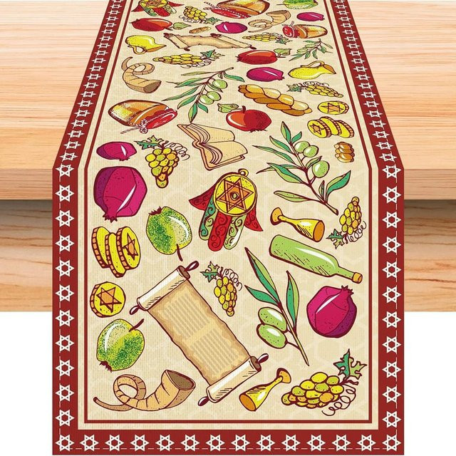 Shana Tova Tischläufer aus Leinen von JMG Household Supplies für Rosch Haschana, Mehrfarbig, B: 33 cm, L: 150 cm - Bild 1
