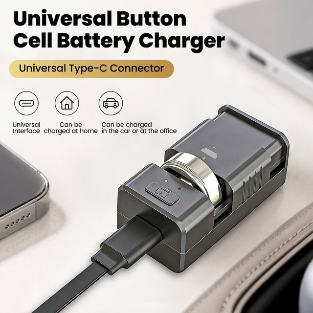 Universelles LIR-Lithium-Knopfzellen-Ladegerät mit USB-C Anschluss in Schwarz, Einzelschlitz-Ladegerät kompatibel mit LIR2032 und LIR2450 für Autoschlüssel und Laserpointer - Bild 1