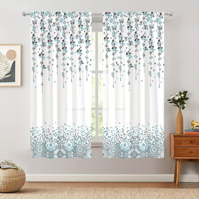 2er-Set halbverdunkelnde Küchenvorhänge von Yiran Furniture mit Aquarell-Blumenmuster in Multicolour, Breite: 75 cm, Höhe: 166 cm - Bild 1