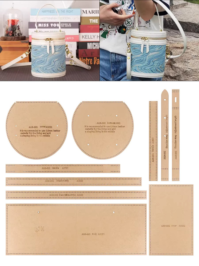 QJH DIY Lederhandwerk Schablonen-Set aus Kraftpapier in Beige zum manuellen Schneiden und Nähen von runden Eimer-Handtaschen - Bild 2