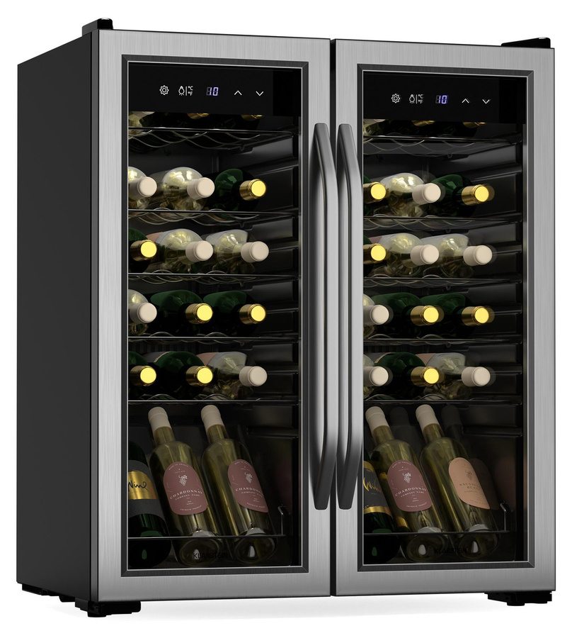 Klarstein Vinamour Weinkühlschrank mit 2 Zonen, 36 Flaschen, 5-18 °C, Touch-Steuerung, LED-Beleuchtung, freistehend, UV-Schutz, Edelstahl Doppeltür - Bild 1