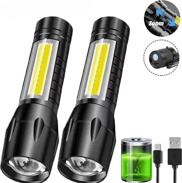 KDULIT USB aufladbare LED Camping Taschenlampe mit COB-Seitenlicht und Zoom, wasserdichte taktische Outdoor-Taschenlampe in Schwarz - Bild 1