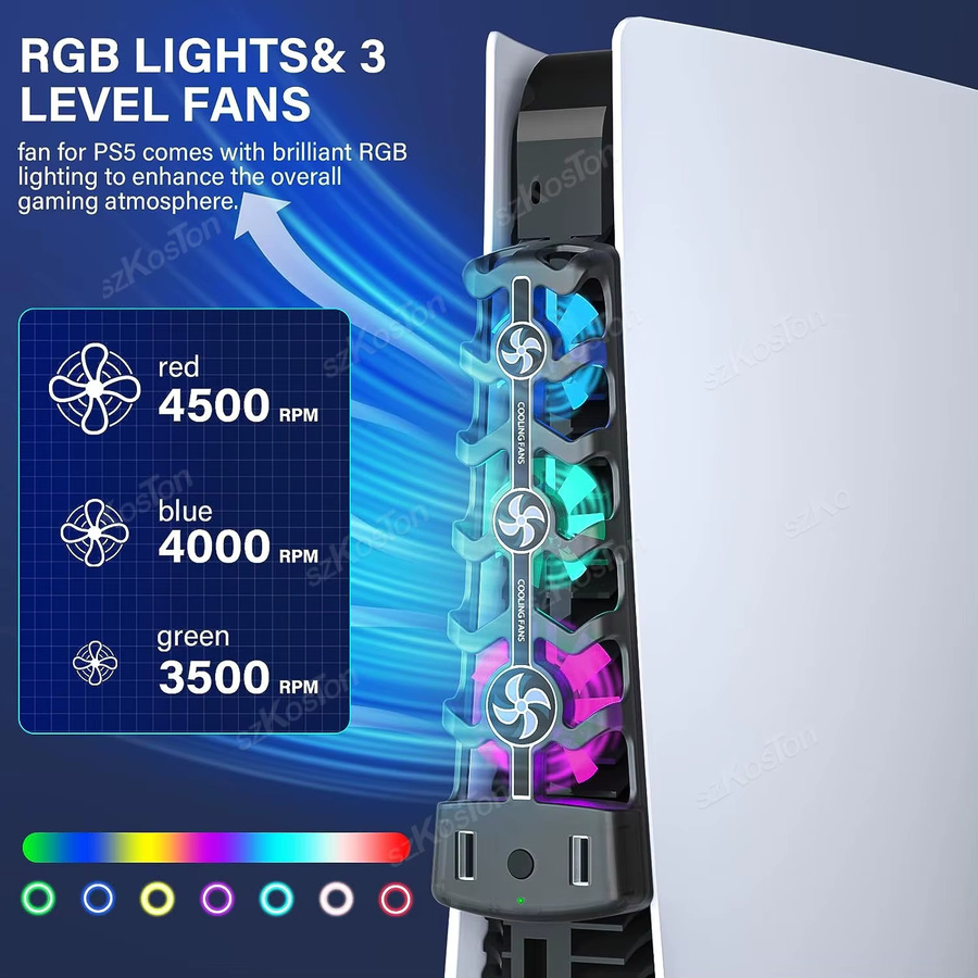 SZKOSTON RGB-Lüfter für PS5 Disc und Digital Edition, leises Kühlsystem in Schwarz mit 3 Geschwindigkeitsstufen - Bild 2