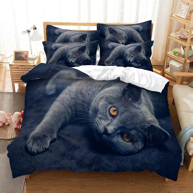 Binchi Outdoor Product Bettwäsche-Set mit Schwarzer Katze Motiv, Material Mikrofaser, Farbe Schwarz/Blau, B/H: 160 x 200 cm - Bild 1