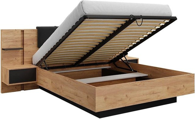Vente-unique Bett Elynia mit Bettkasten in Anthrazitgrau und Naturfarben Hell, B/T: 160 x 200 cm, Höhe: 256,4 cm - Bild 1