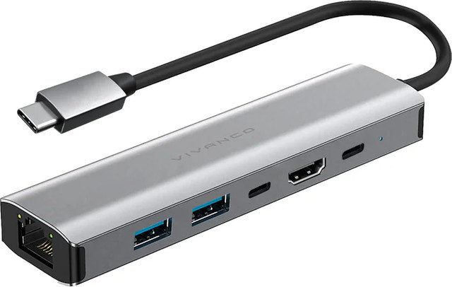 Vivanco 6in1 USB-C Aluminium Multiport Hub mit HDMI 4K UHD, Ethernet/LAN und Thunderbolt in Anthrazit und Silber - Bild 1
