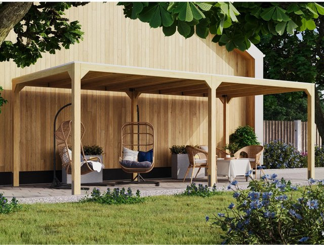 Karibu Pavillon Set Fyrkant mit Verlängerung, Flachdach, Naturbelassen, Braun, B/T/H: 627 x 320 x 239 cm - Bild 1
