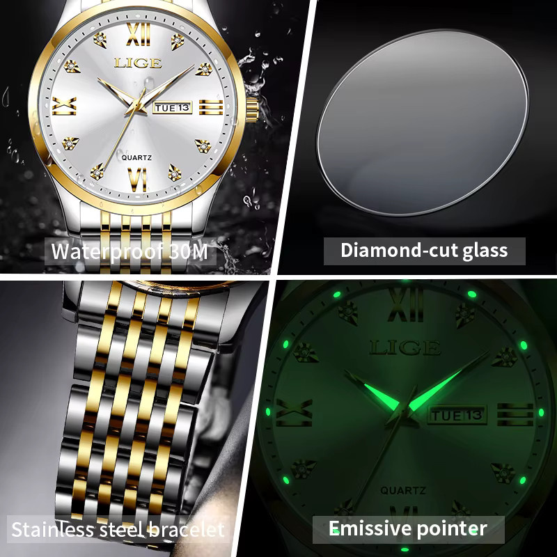 LIGE Armbanduhr Edelstahl, Quarz, Diamantbesetzt, Gold, Damen - Bild 2