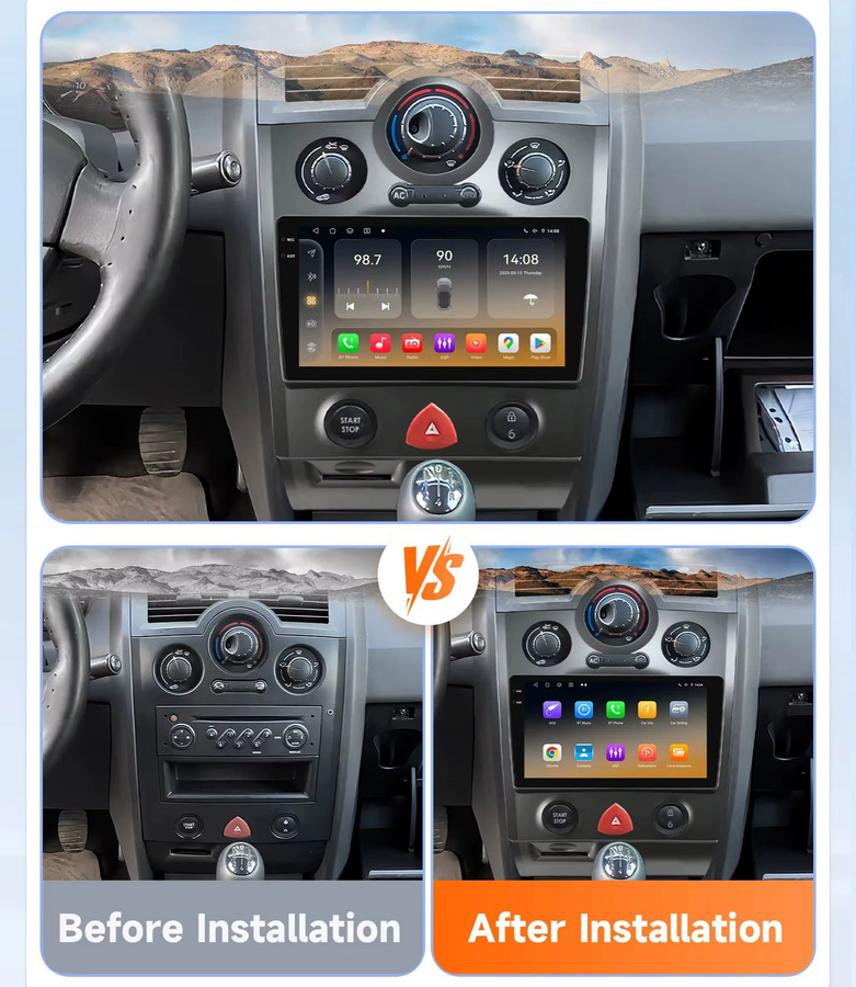 OSSURET Android Autoradio für Renault Megane 2 2002-2009 mit kabellosem Carplay, GPS und Wi-Fi, Schwarz - Bild 2
