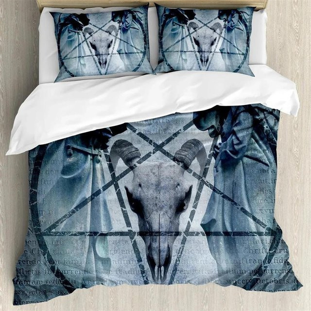 Baphomet Bettwäsche-Set mit Pentagramm und Dämonen-Motiv, Blau, B/H: 135 x 200 cm - Bild 1