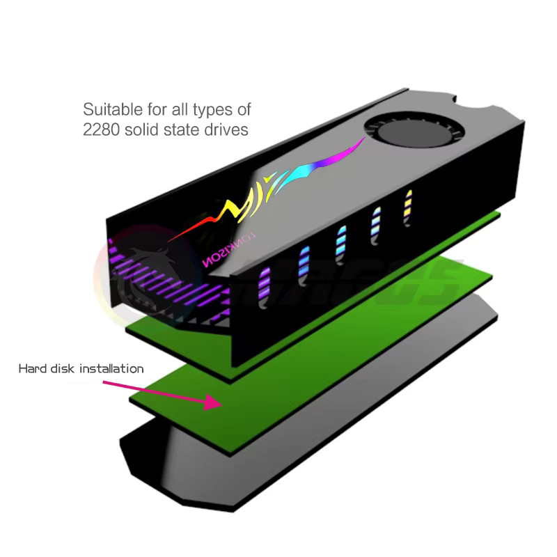 Flying Elephant M.2 SSD Kühler RGB Aluminium für NVMe NGFF 2280, Schwarz/Multicolor, mit Wärmeleitpad, kompatibel mit 12V RGB und 5V ARGB AURA SYNC - Bild 2