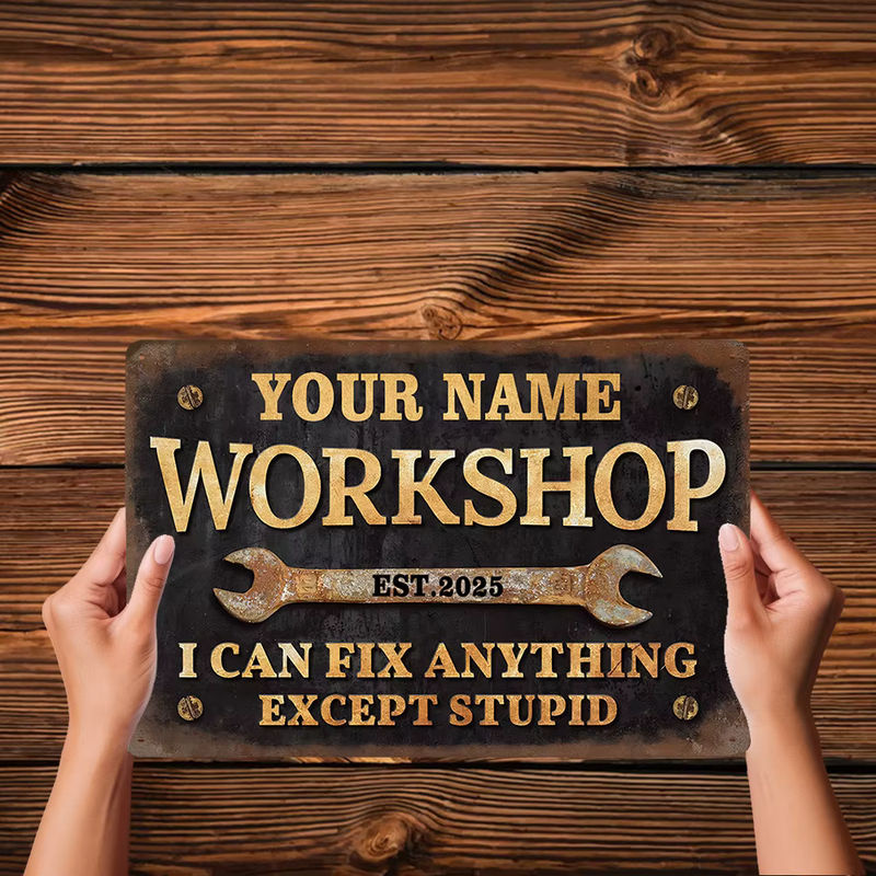Personalisiertes Vintage-Workschild aus Metall in Schwarz, industrielles Retro-Wandkunst-Dekor für Garage und Männerhöhle - Bild 4