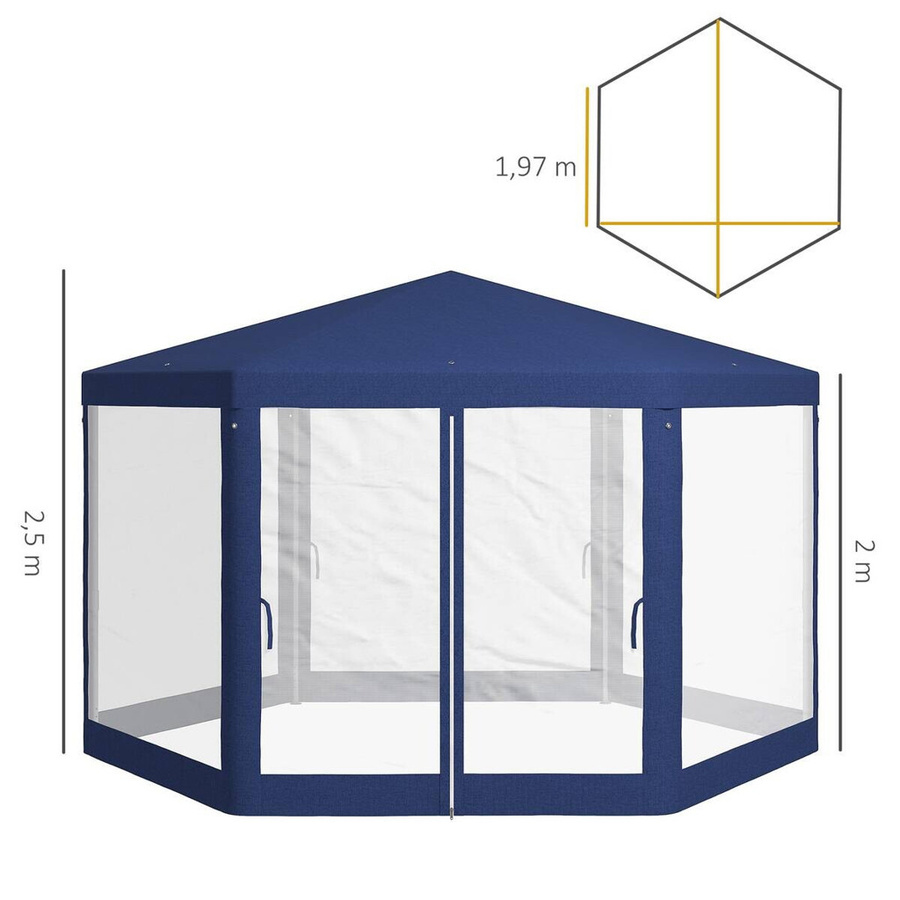 Outsunny Pavillon Sechseckig Blau mit 6 Seitenteilen und Moskitonetz, B/H/L: 341,2 x 250 x 394 cm - Bild 4