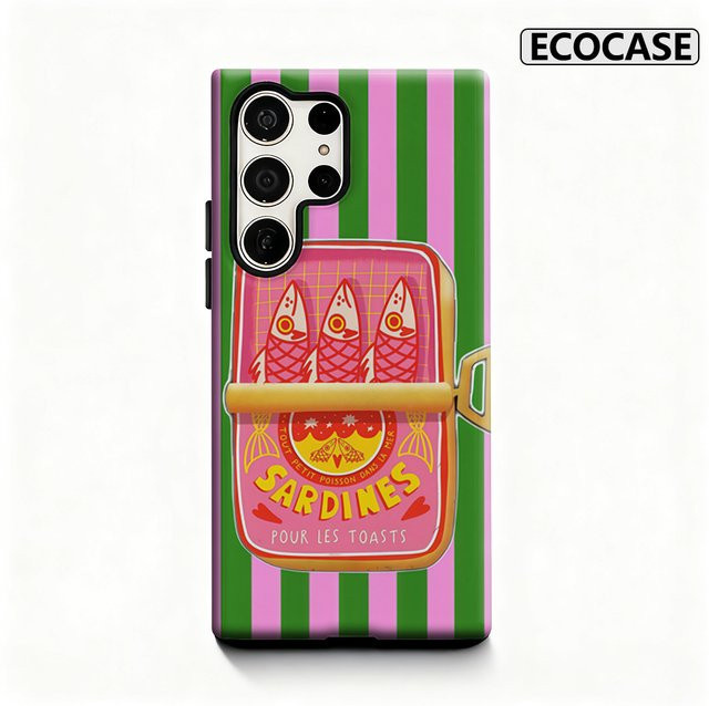 Handyhülle mit Sardinen-Motiv in Grün und Rosa Streifen für Samsung Galaxy S25 Ultra, S24 und S23 Ultra Plus mit glänzender doppellagiger Rückseite - Bild 1