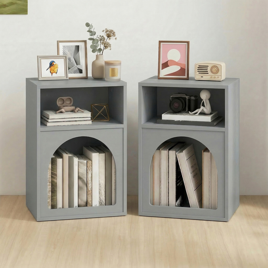 HOMCOM 2er-Set Nachttische mit gebogenem Design und offenen Fächern, grau, B/T/H: 40 x 30 x 60 cm - Bild 2