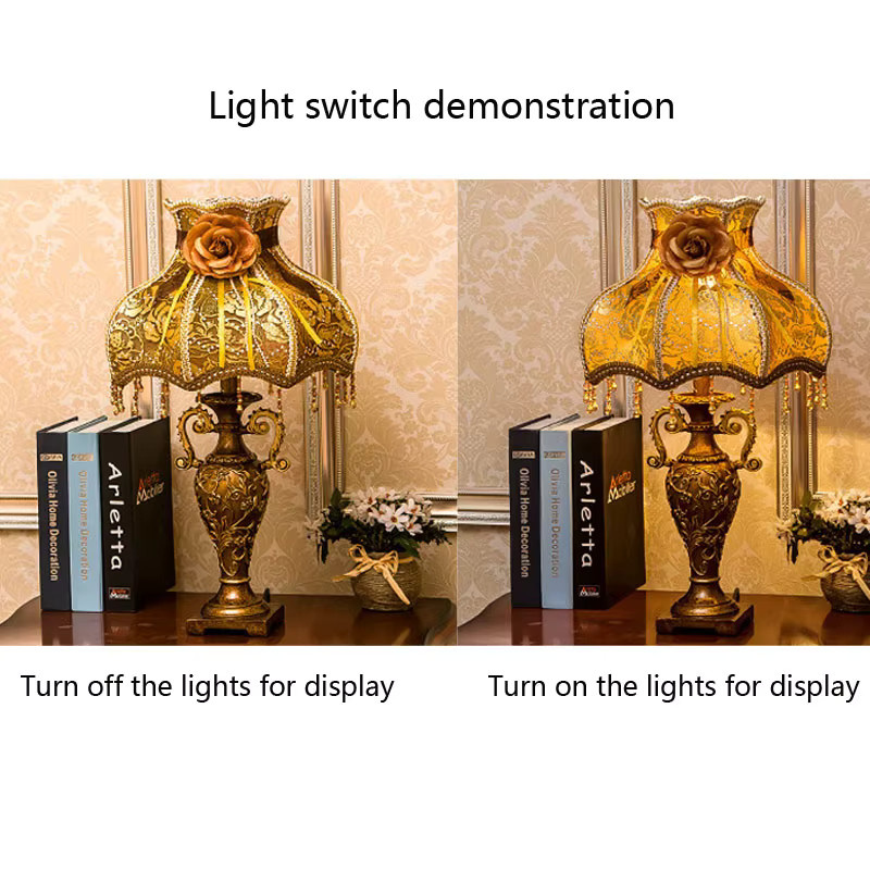 Vecli Retro-Tischlampe aus Harz und Stoff in Gold/Messing mit warmweißem Licht für Wohnzimmer und Schlafzimmer - Bild 4