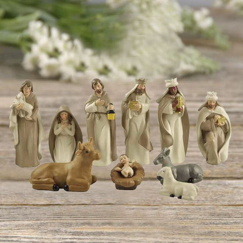 Kesoto Krippen Figurenset mit heiliger Familie aus Kunstharz, 10 Stück, beige, klassisch - Bild 4