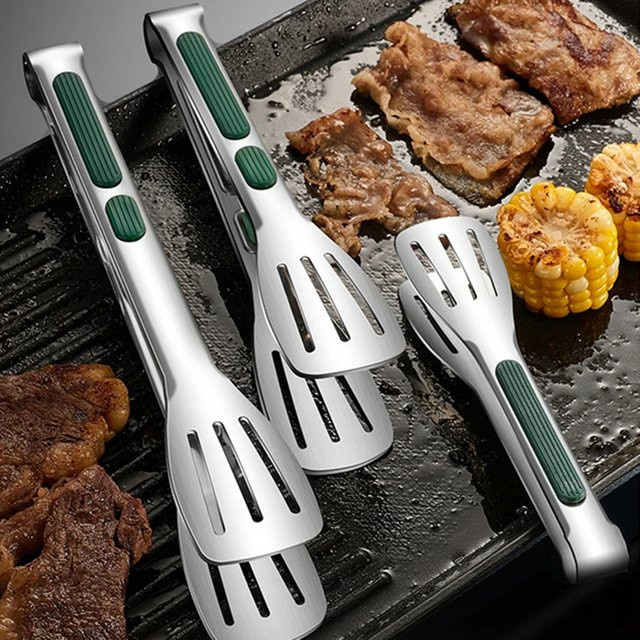 Lebensmittelklammer aus Edelstahl 304 und Silikon in Silber mit rutschfestem Griff für BBQ und Grillen - Bild 1
