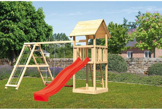 Karibu Spielturm Lotti Klettergerüst mit Doppelschaukel und Rutsche in Rot und Braun - Bild 1