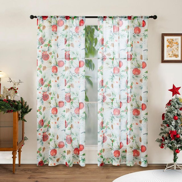 2er-Set Weihnachtsdekoration halbtransparente Vorhänge mit Diamantgitter und roten Früchten in Rot und Weiß, B: 132 cm, H: 160 cm - Bild 1