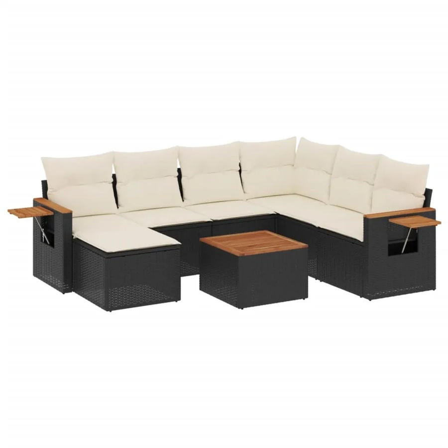 vidaXL 8-teilige Garten-Sofagarnitur in L-Form aus Polyrattan und Akazienholz mit Kissen in Schwarz und Cremeweiß - Bild 2