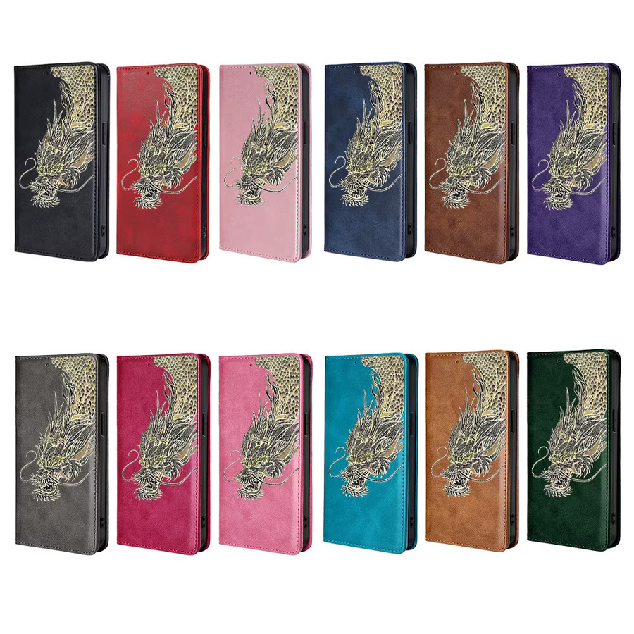 Stoßfeste Leder-Handyhülle mit Drachenmuster für Realme GT8 GT7 Pro Racing GT 7T 6T GT Neo6 SE als Wallet Card Cover in Braun - Bild 5
