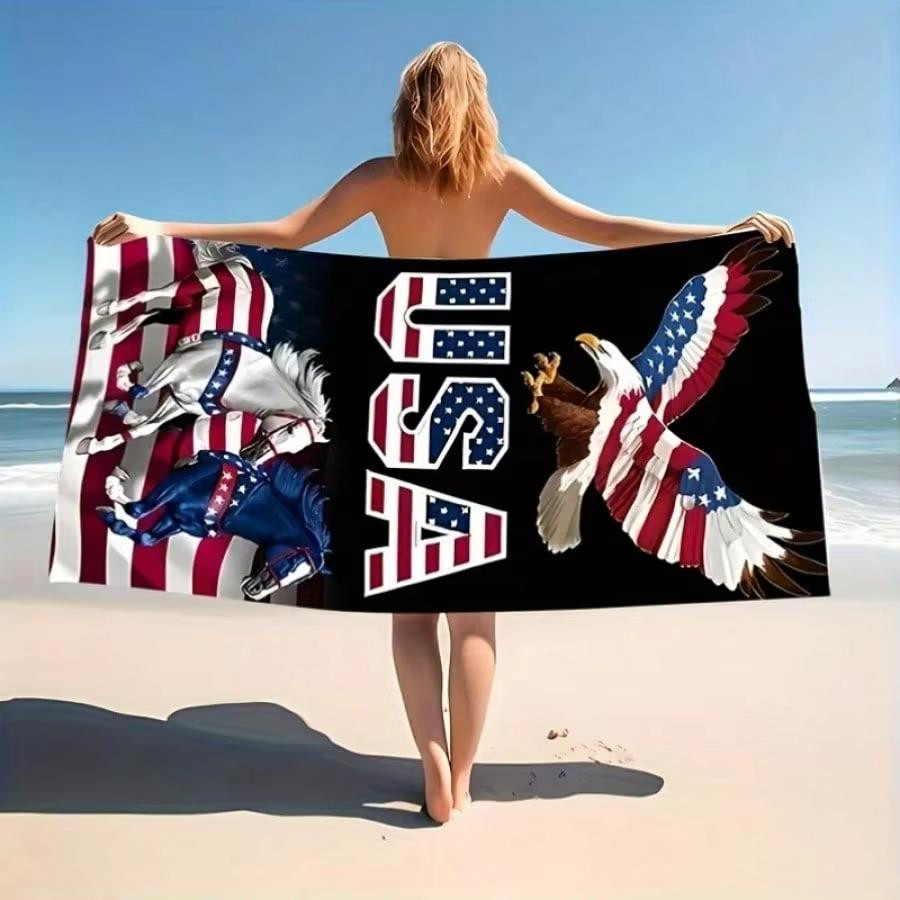 Strandtuch mit Patriotischem Adler und Pferd Design, USA Unabhängigkeit Motiv, Polyester, schnelltrocknend und saugfähig, Farbe: Weiß/Mehrfarbig, Breite: 40 cm, Höhe: 60 cm - Bild 2