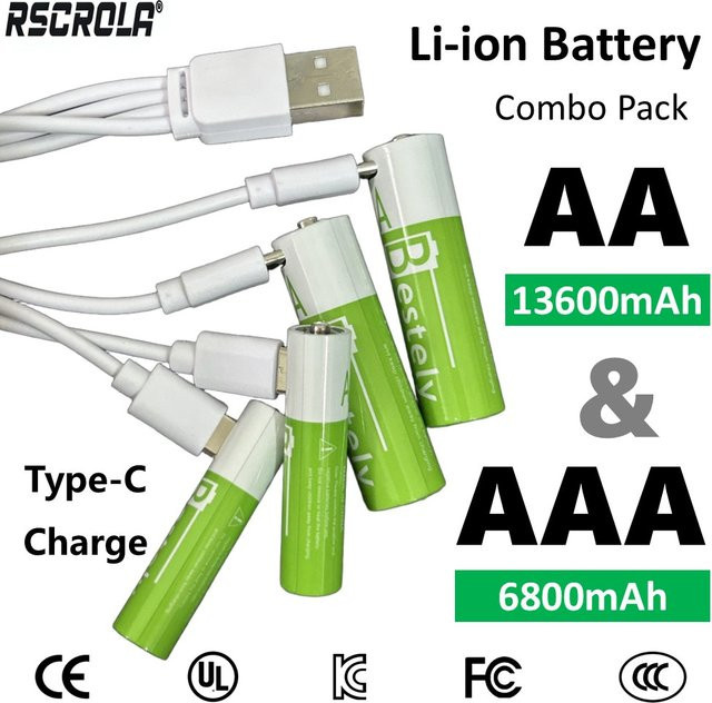 Rscrola USB-C-Ladegerät für AA und AAA Li-Ionen-Batterien mit 13600mAh und 6800mAh Akku-Set und Ladekabel - Bild 1