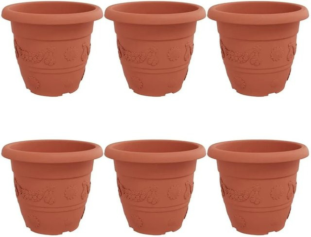 vidaXL Blumentopf rund aus Kunststoff, 6er Set, Ziegelrot, Durchmesser: 26 cm, Höhe: 21,5 cm - Bild 1