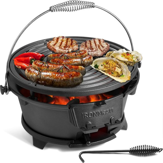 Tragbarer Hibachi-Grill aus Gusseisen in Schwarz für Outdoor und Camping, Tischgrill für Holzkohle, B/T/H: 28,96 x 28,96 x 15,24 cm - Bild 1