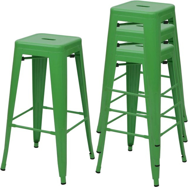 PROREGAL 4er-Set Barhocker im Industrial-Design aus Metall, stapelbar, Farbe: Grün, Sitzhöhe: 77 cm - Bild 1